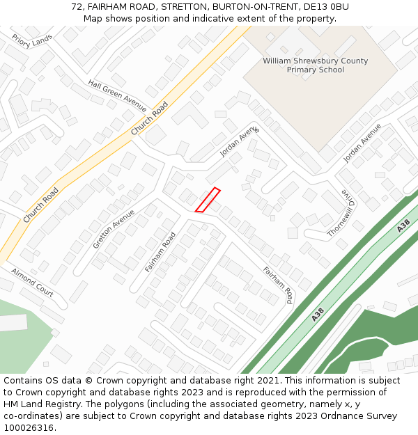 72, FAIRHAM ROAD, STRETTON, BURTON-ON-TRENT, DE13 0BU: Location map and indicative extent of plot