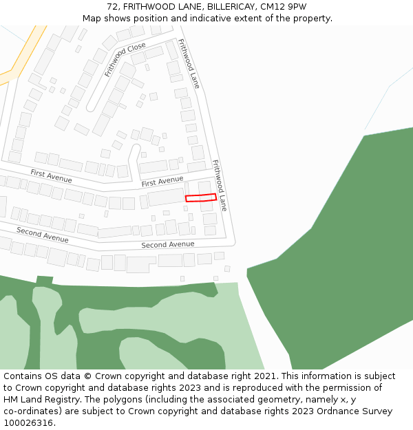 72, FRITHWOOD LANE, BILLERICAY, CM12 9PW: Location map and indicative extent of plot