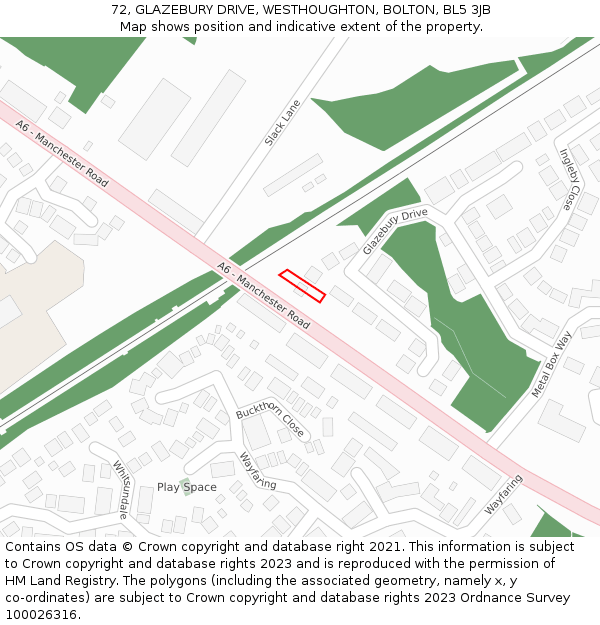 72, GLAZEBURY DRIVE, WESTHOUGHTON, BOLTON, BL5 3JB: Location map and indicative extent of plot