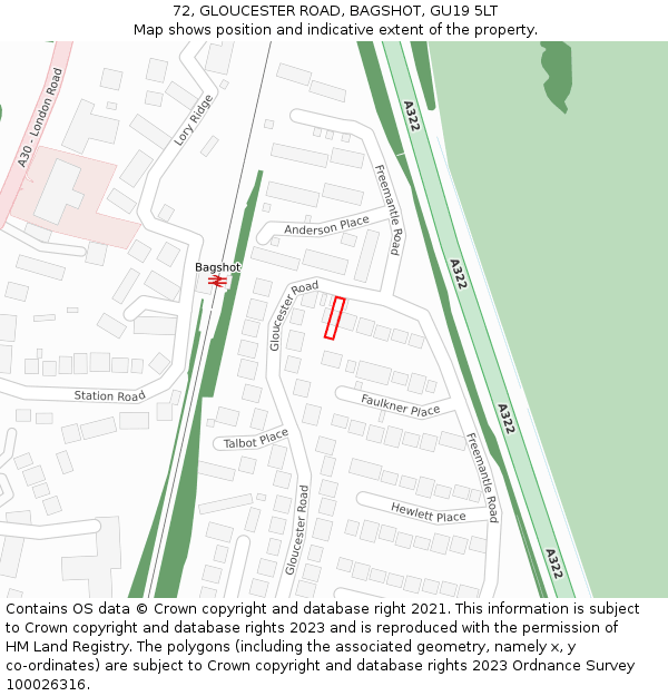 72, GLOUCESTER ROAD, BAGSHOT, GU19 5LT: Location map and indicative extent of plot