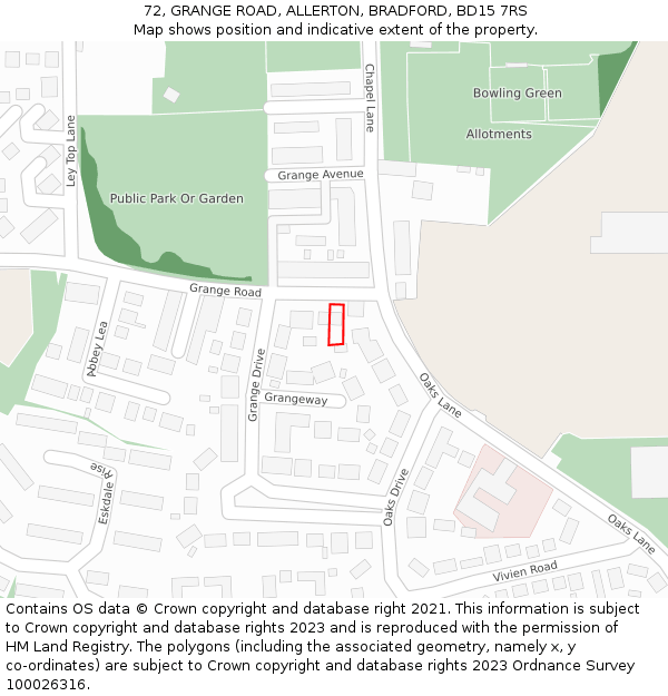 72, GRANGE ROAD, ALLERTON, BRADFORD, BD15 7RS: Location map and indicative extent of plot