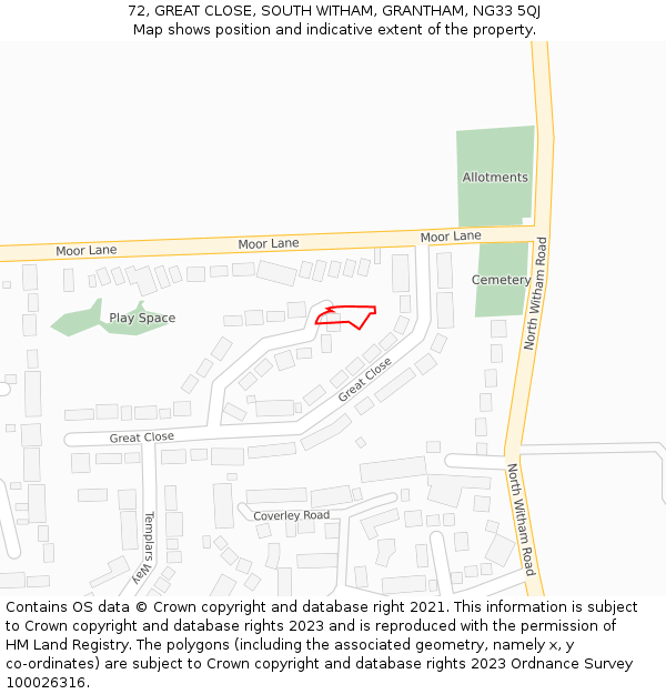 72, GREAT CLOSE, SOUTH WITHAM, GRANTHAM, NG33 5QJ: Location map and indicative extent of plot