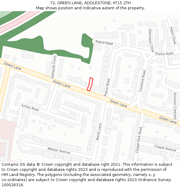 72, GREEN LANE, ADDLESTONE, KT15 2TH: Location map and indicative extent of plot