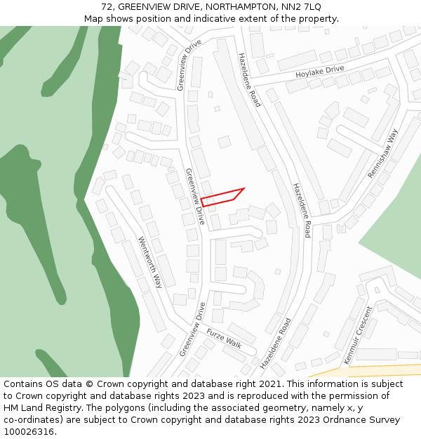 72, GREENVIEW DRIVE, NORTHAMPTON, NN2 7LQ: Location map and indicative extent of plot