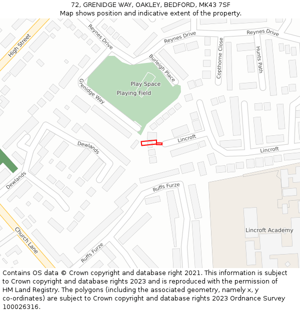 72, GRENIDGE WAY, OAKLEY, BEDFORD, MK43 7SF: Location map and indicative extent of plot