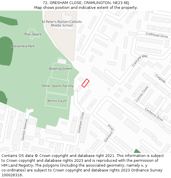 72, GRESHAM CLOSE, CRAMLINGTON, NE23 6EJ: Location map and indicative extent of plot