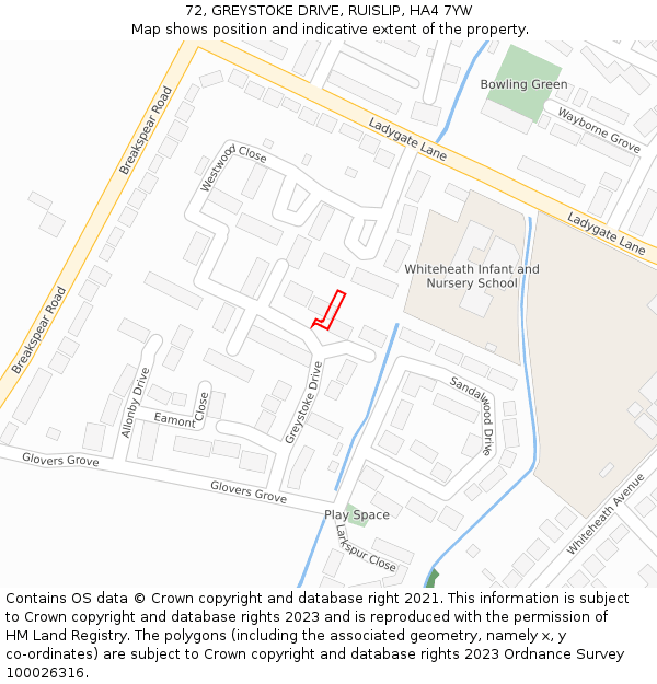 72, GREYSTOKE DRIVE, RUISLIP, HA4 7YW: Location map and indicative extent of plot