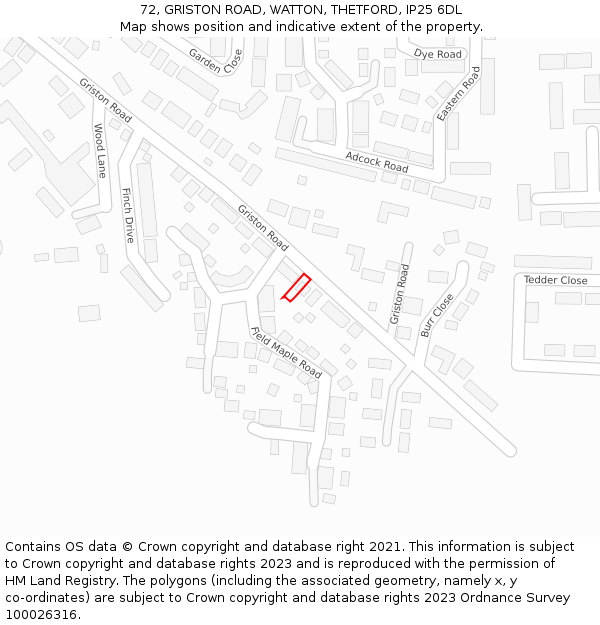 72, GRISTON ROAD, WATTON, THETFORD, IP25 6DL: Location map and indicative extent of plot