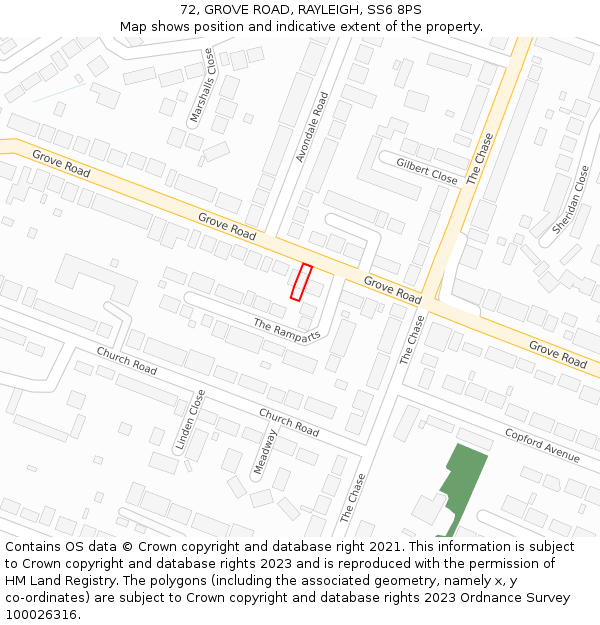 72, GROVE ROAD, RAYLEIGH, SS6 8PS: Location map and indicative extent of plot