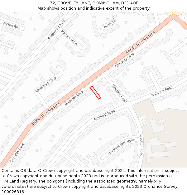 72, GROVELEY LANE, BIRMINGHAM, B31 4QF: Location map and indicative extent of plot