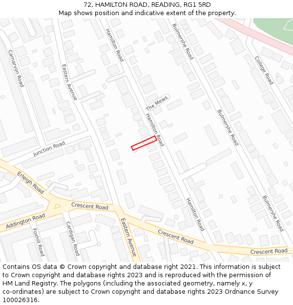 72, HAMILTON ROAD, READING, RG1 5RD: Location map and indicative extent of plot