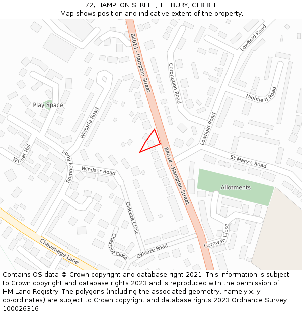 72, HAMPTON STREET, TETBURY, GL8 8LE: Location map and indicative extent of plot