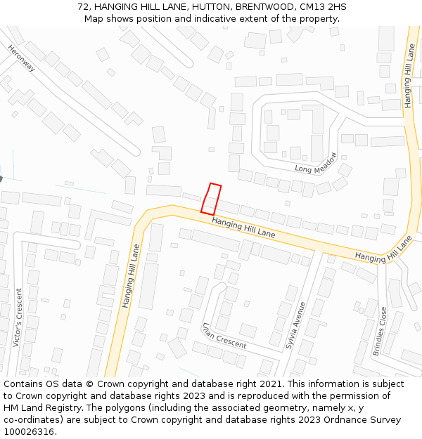 72, HANGING HILL LANE, HUTTON, BRENTWOOD, CM13 2HS: Location map and indicative extent of plot