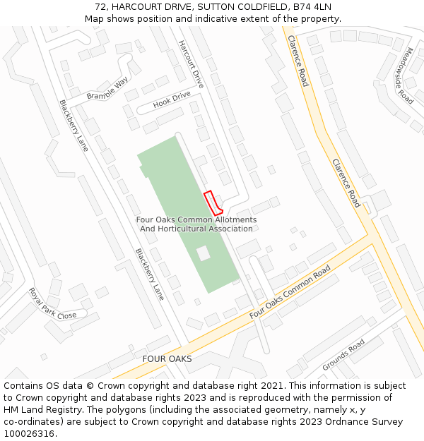 72, HARCOURT DRIVE, SUTTON COLDFIELD, B74 4LN: Location map and indicative extent of plot