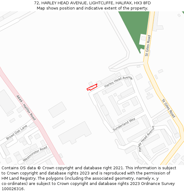 72, HARLEY HEAD AVENUE, LIGHTCLIFFE, HALIFAX, HX3 8FD: Location map and indicative extent of plot