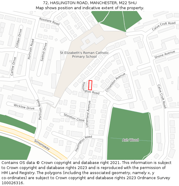 72, HASLINGTON ROAD, MANCHESTER, M22 5HU: Location map and indicative extent of plot