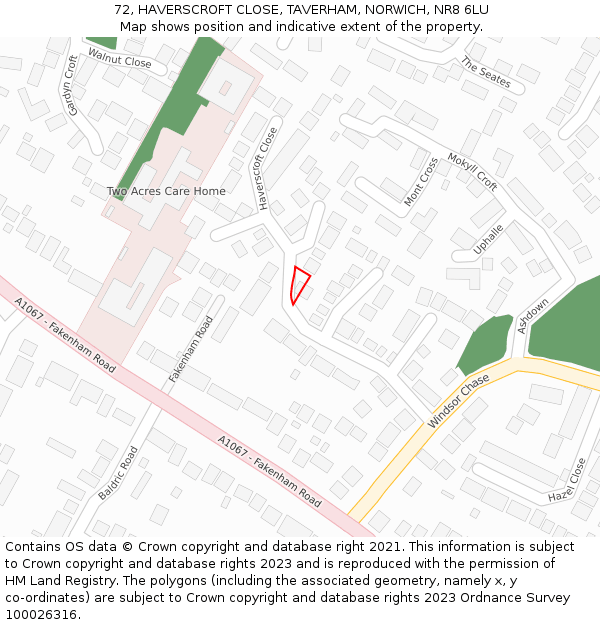 72, HAVERSCROFT CLOSE, TAVERHAM, NORWICH, NR8 6LU: Location map and indicative extent of plot