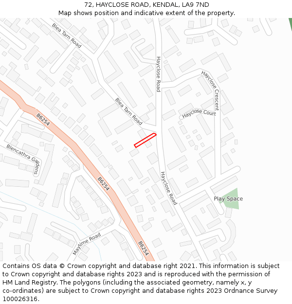 72, HAYCLOSE ROAD, KENDAL, LA9 7ND: Location map and indicative extent of plot