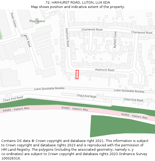 72, HAYHURST ROAD, LUTON, LU4 0DA: Location map and indicative extent of plot