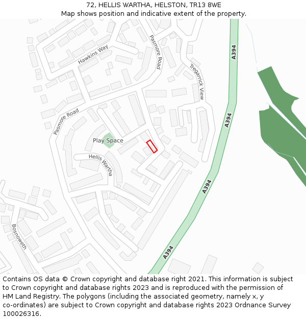 72, HELLIS WARTHA, HELSTON, TR13 8WE: Location map and indicative extent of plot