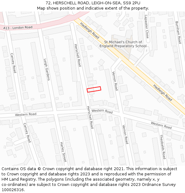 72, HERSCHELL ROAD, LEIGH-ON-SEA, SS9 2PU: Location map and indicative extent of plot