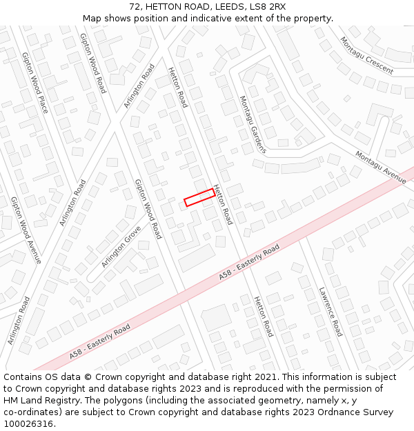 72, HETTON ROAD, LEEDS, LS8 2RX: Location map and indicative extent of plot