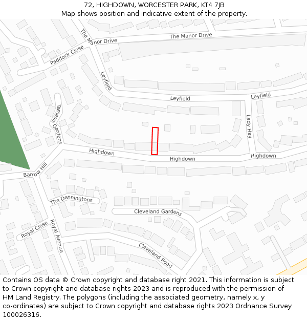 72, HIGHDOWN, WORCESTER PARK, KT4 7JB: Location map and indicative extent of plot