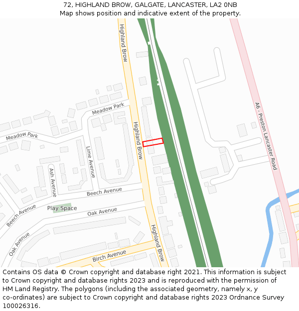 72, HIGHLAND BROW, GALGATE, LANCASTER, LA2 0NB: Location map and indicative extent of plot