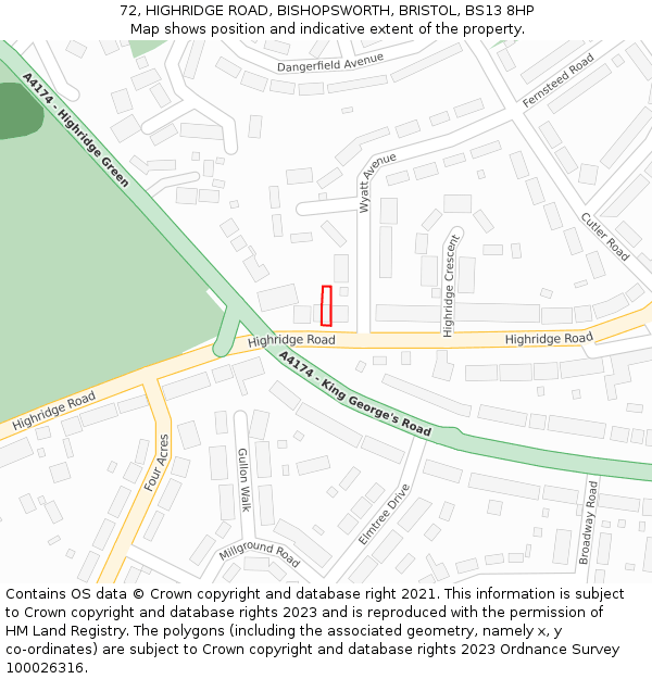 72, HIGHRIDGE ROAD, BISHOPSWORTH, BRISTOL, BS13 8HP: Location map and indicative extent of plot