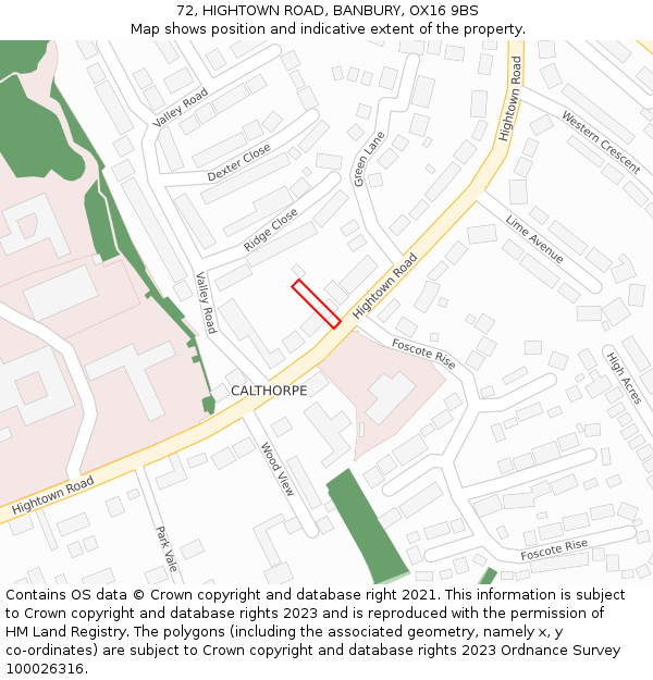 72, HIGHTOWN ROAD, BANBURY, OX16 9BS: Location map and indicative extent of plot