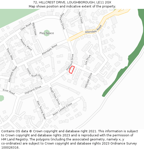 72, HILLCREST DRIVE, LOUGHBOROUGH, LE11 2GX: Location map and indicative extent of plot