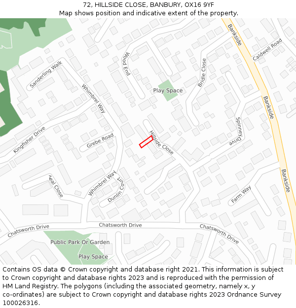 72, HILLSIDE CLOSE, BANBURY, OX16 9YF: Location map and indicative extent of plot