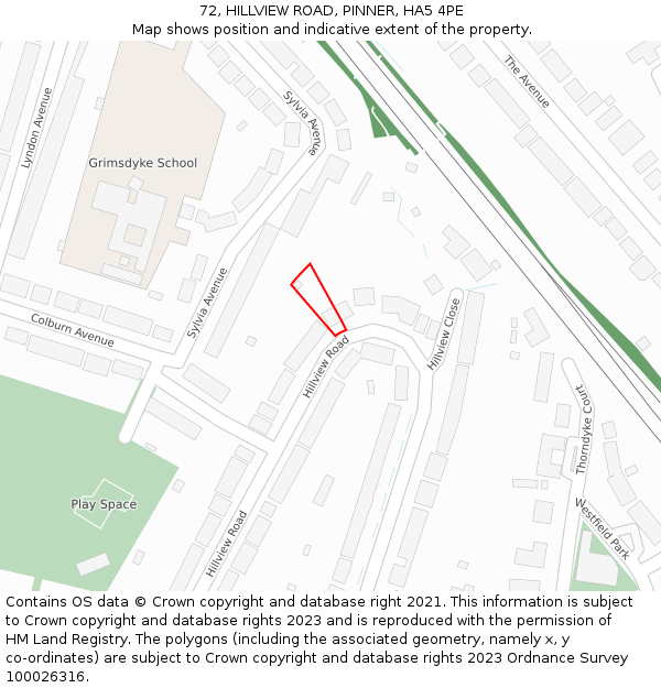 72, HILLVIEW ROAD, PINNER, HA5 4PE: Location map and indicative extent of plot