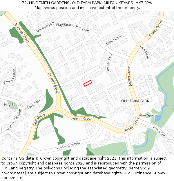 72, HINDEMITH GARDENS, OLD FARM PARK, MILTON KEYNES, MK7 8PW: Location map and indicative extent of plot