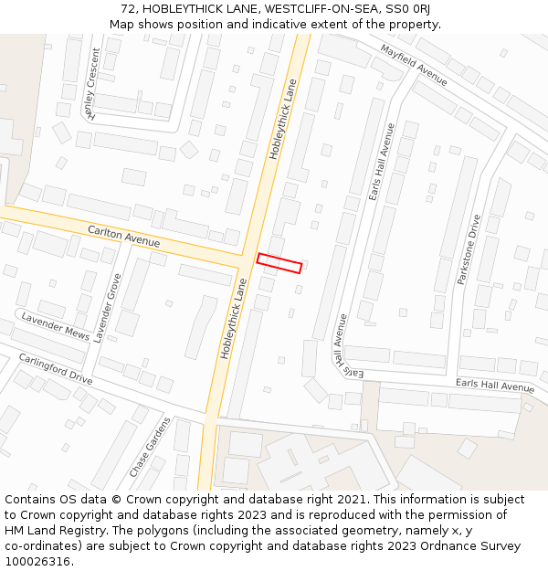 72, HOBLEYTHICK LANE, WESTCLIFF-ON-SEA, SS0 0RJ: Location map and indicative extent of plot