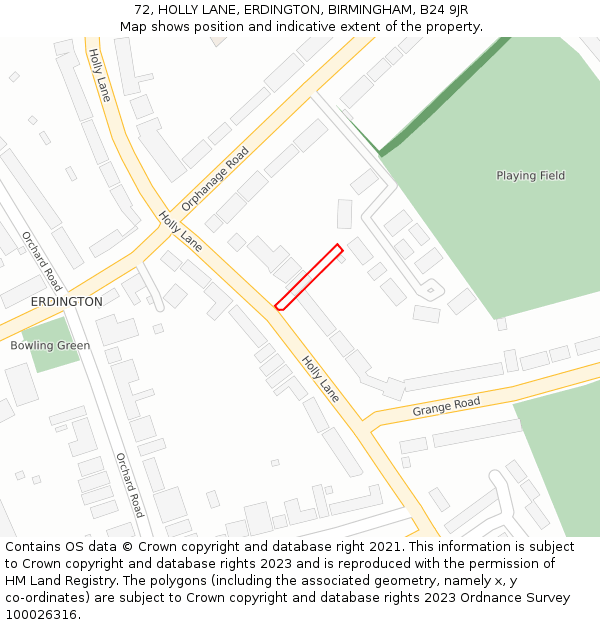 72, HOLLY LANE, ERDINGTON, BIRMINGHAM, B24 9JR: Location map and indicative extent of plot