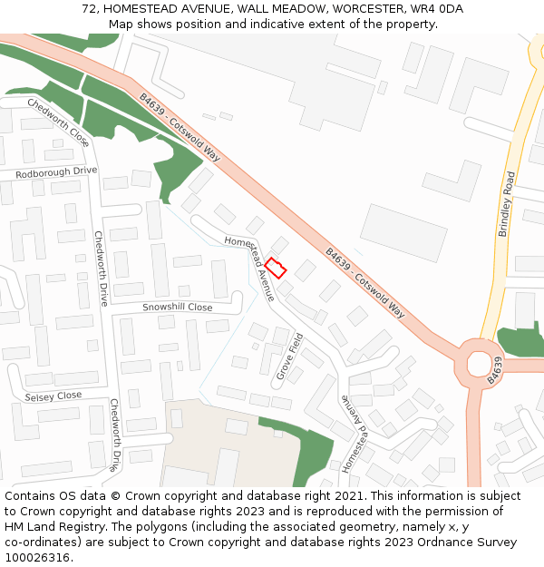 72, HOMESTEAD AVENUE, WALL MEADOW, WORCESTER, WR4 0DA: Location map and indicative extent of plot