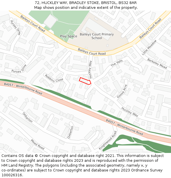 72, HUCKLEY WAY, BRADLEY STOKE, BRISTOL, BS32 8AR: Location map and indicative extent of plot