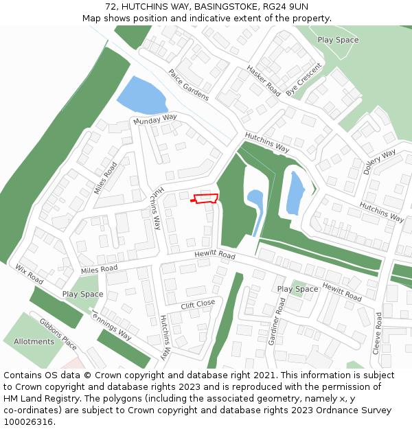 72, HUTCHINS WAY, BASINGSTOKE, RG24 9UN: Location map and indicative extent of plot