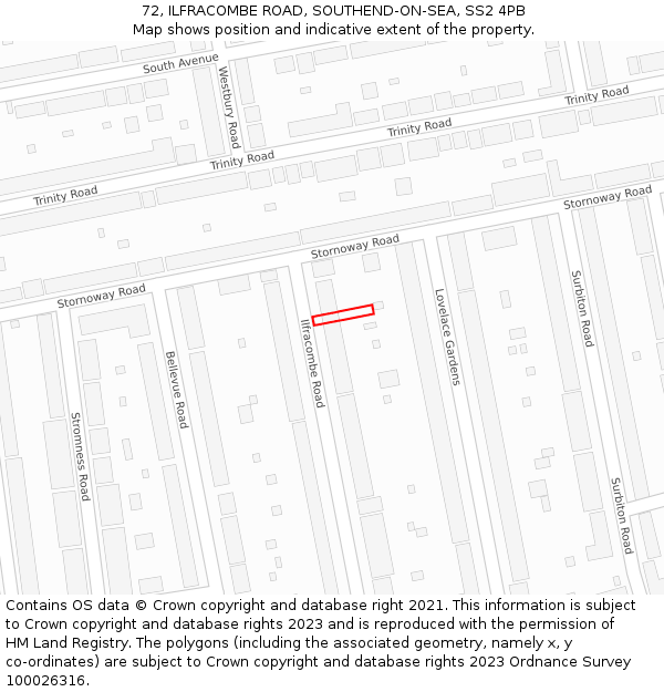 72, ILFRACOMBE ROAD, SOUTHEND-ON-SEA, SS2 4PB: Location map and indicative extent of plot