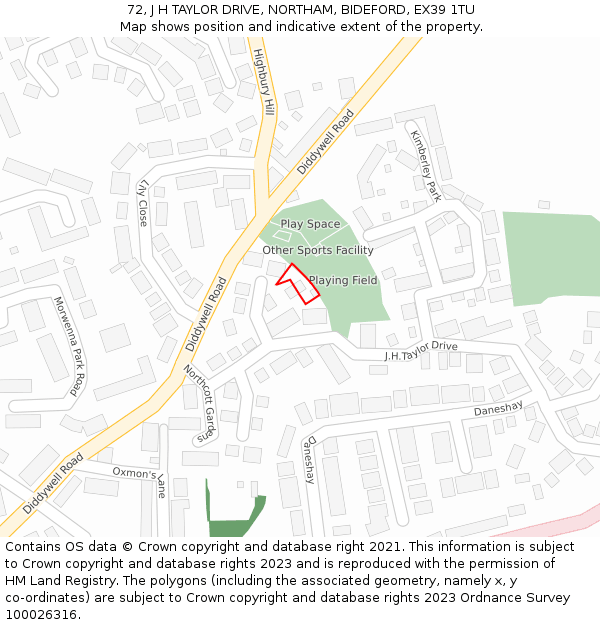 72, J H TAYLOR DRIVE, NORTHAM, BIDEFORD, EX39 1TU: Location map and indicative extent of plot