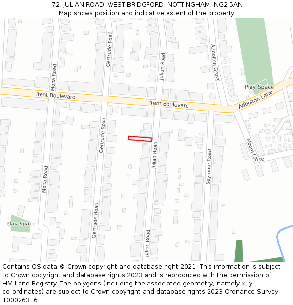 72, JULIAN ROAD, WEST BRIDGFORD, NOTTINGHAM, NG2 5AN: Location map and indicative extent of plot