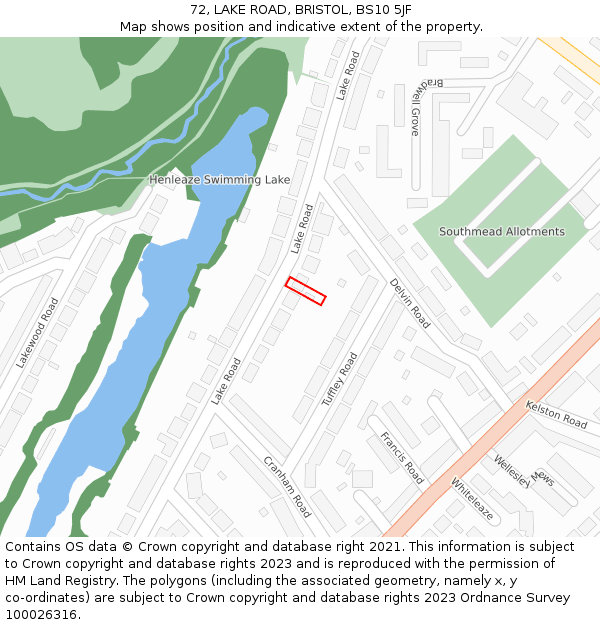 72, LAKE ROAD, BRISTOL, BS10 5JF: Location map and indicative extent of plot