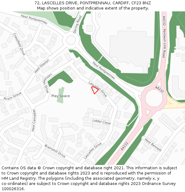 72, LASCELLES DRIVE, PONTPRENNAU, CARDIFF, CF23 8NZ: Location map and indicative extent of plot