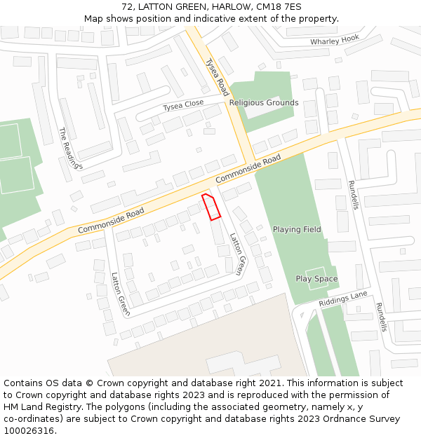 72, LATTON GREEN, HARLOW, CM18 7ES: Location map and indicative extent of plot