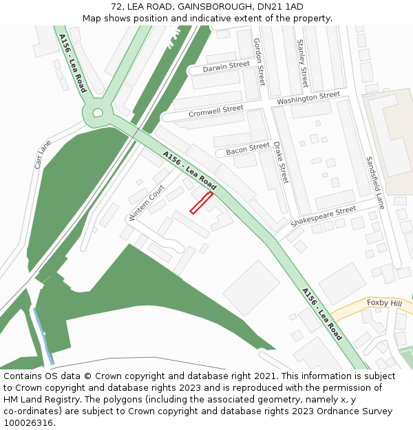 72, LEA ROAD, GAINSBOROUGH, DN21 1AD: Location map and indicative extent of plot
