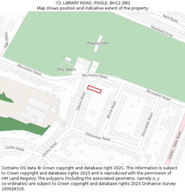 72, LIBRARY ROAD, POOLE, BH12 2BQ: Location map and indicative extent of plot