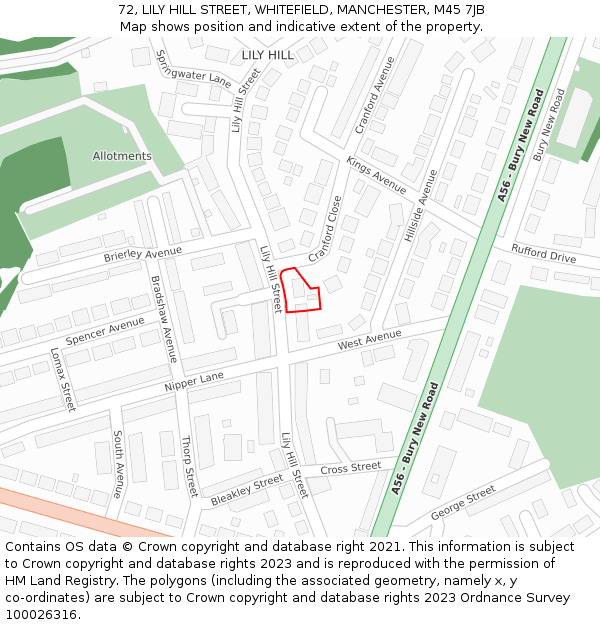 72, LILY HILL STREET, WHITEFIELD, MANCHESTER, M45 7JB: Location map and indicative extent of plot