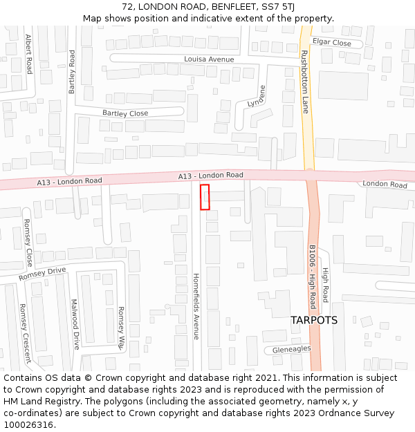 72, LONDON ROAD, BENFLEET, SS7 5TJ: Location map and indicative extent of plot