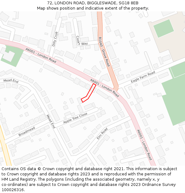 72, LONDON ROAD, BIGGLESWADE, SG18 8EB: Location map and indicative extent of plot